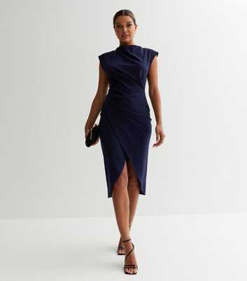 Navy High Neck Asymmetric Midi Wrap Dress