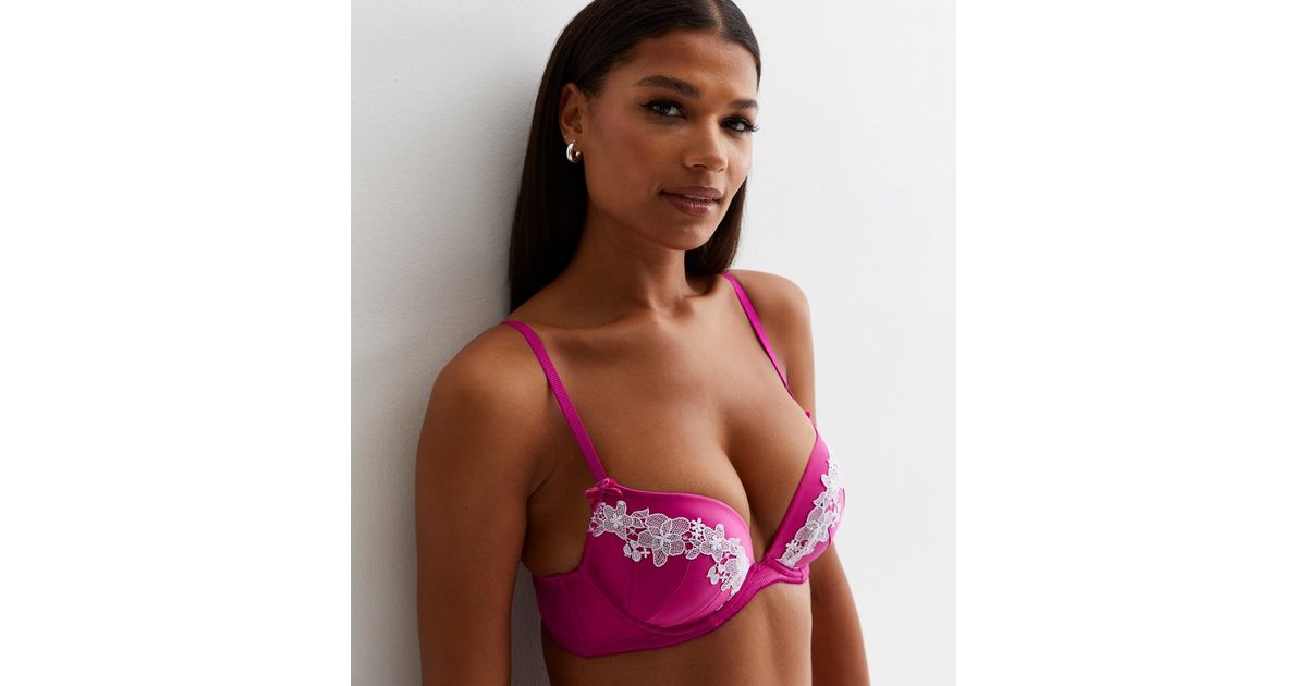 Bright Pink Satin Embroidered Trim Push Up Bra | New Look