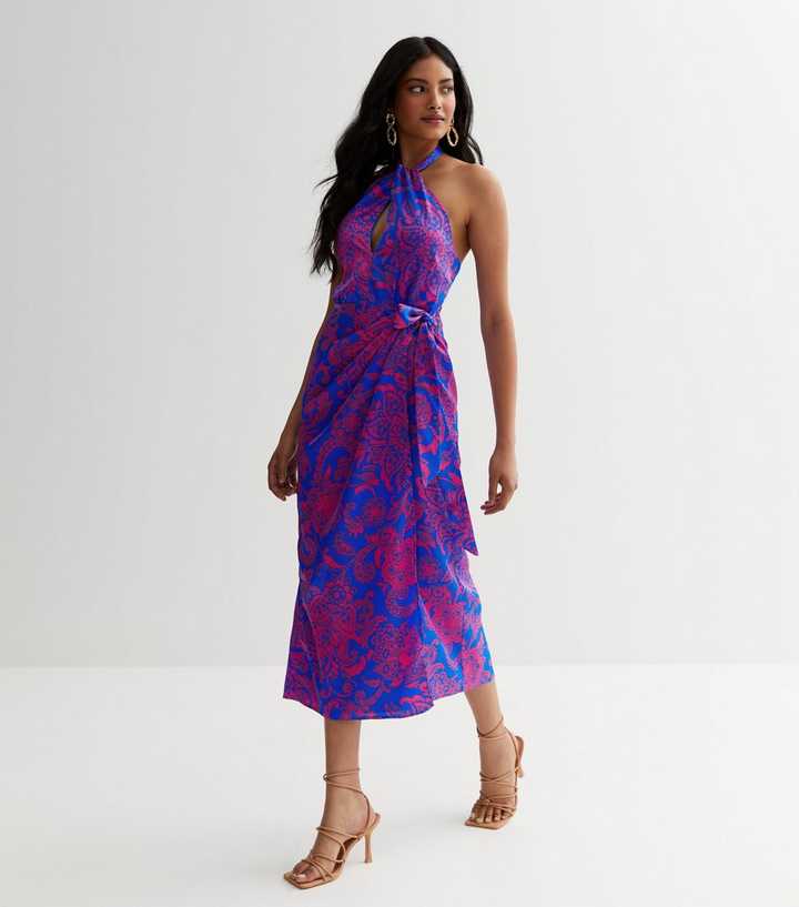 newlook.com | Blue Floral Tie Waist Halter Midi Dress