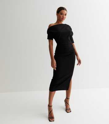 Black Scuba Asymmetric Ruched Midi Dress