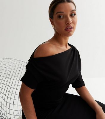 Black Scuba Asymmetric Ruched Midi Dress | New Look