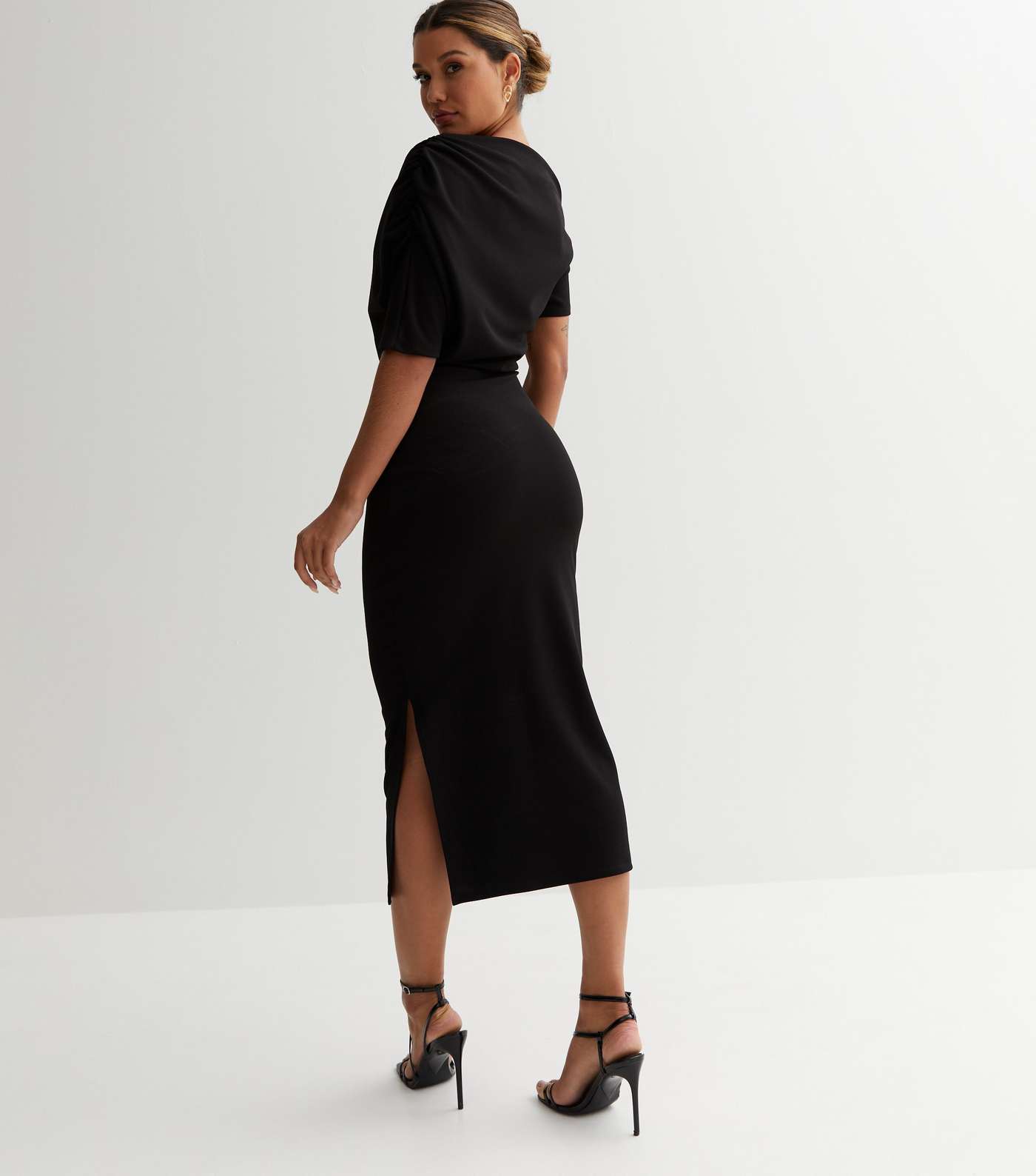 Black Scuba Asymmetric Ruched Midi Dress Image 4