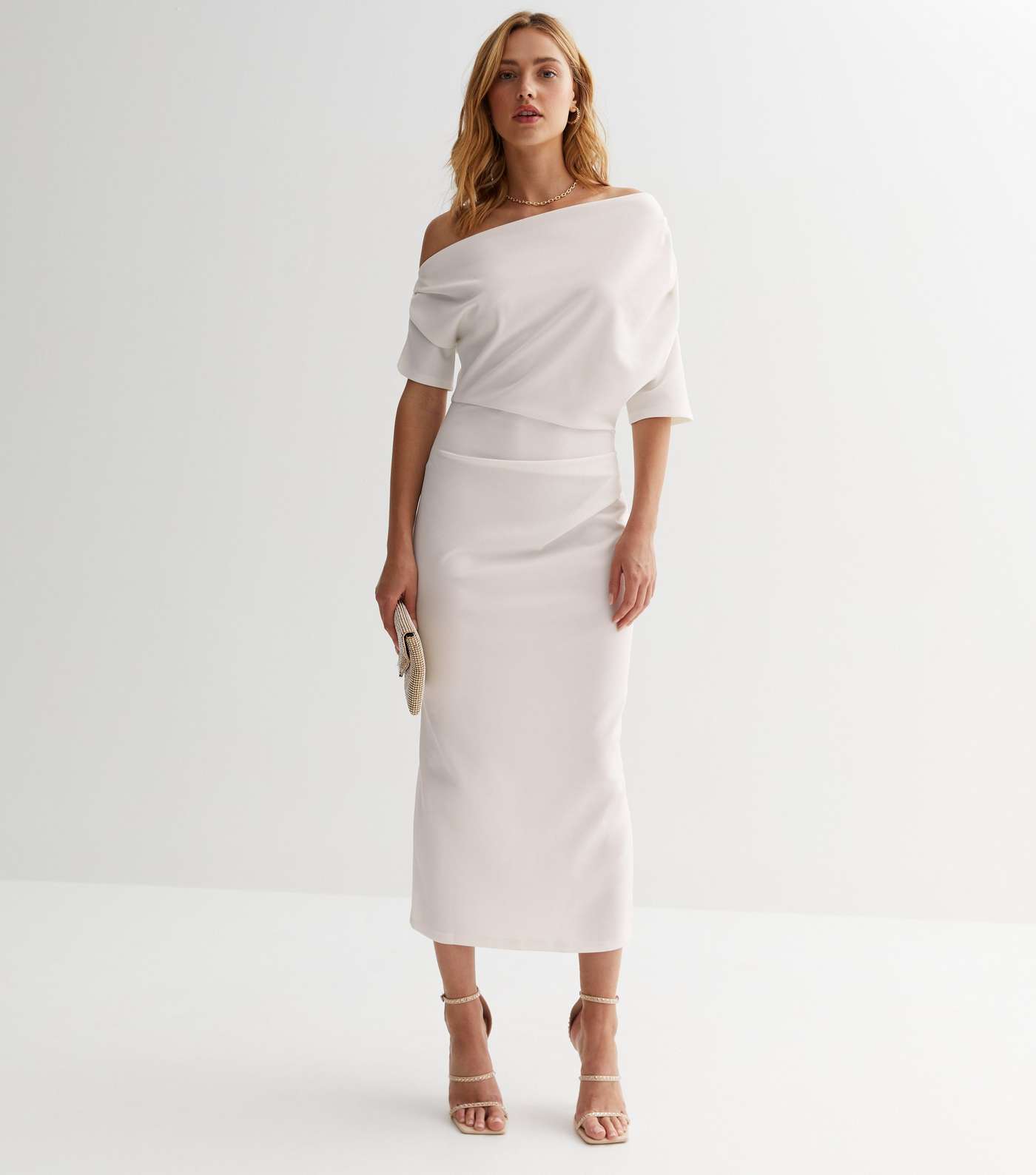 Off White Scuba Asymmetric Ruched Midi Dress Image 2