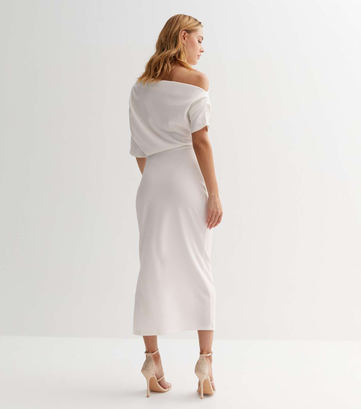 Off White Scuba Asymmetric Ruched Midi Dress Image 4