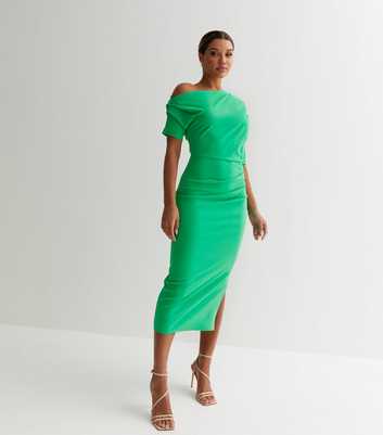 Green Scuba Asymmetric Ruched Midi Dress