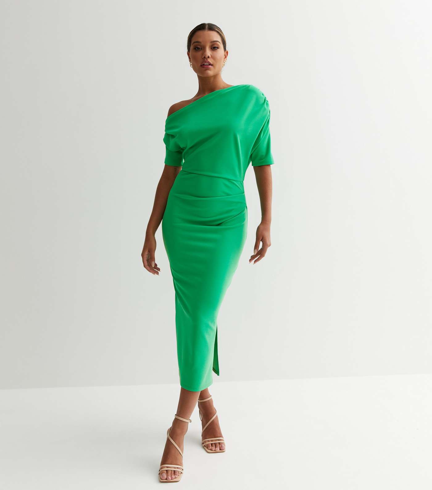 Green Scuba Asymmetric Ruched Midi Dress Image 3