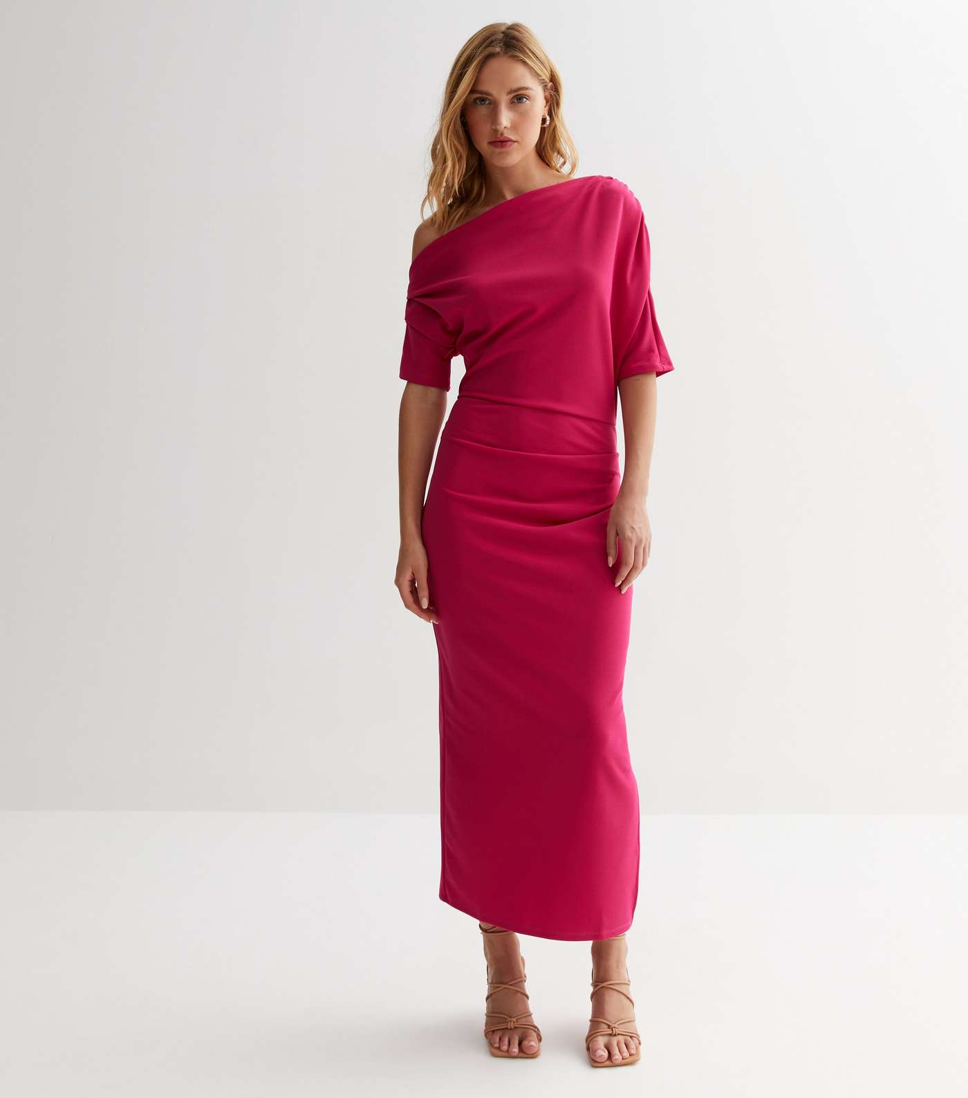 Pink Scuba Asymmetric Ruched Midi Dress