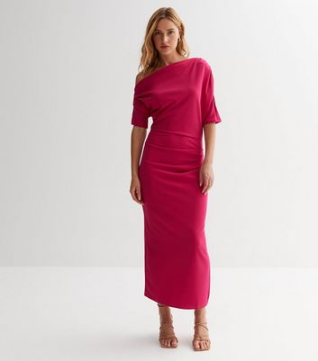 Pink Scuba Asymmetric Ruched Midi Dress New Look