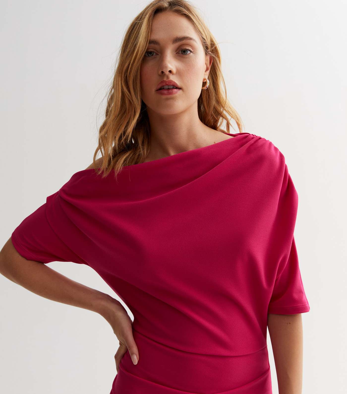Pink Scuba Asymmetric Ruched Midi Dress Image 3