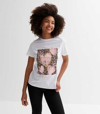 White Metallic Leopard Print Box Heart Logo T-Shirt