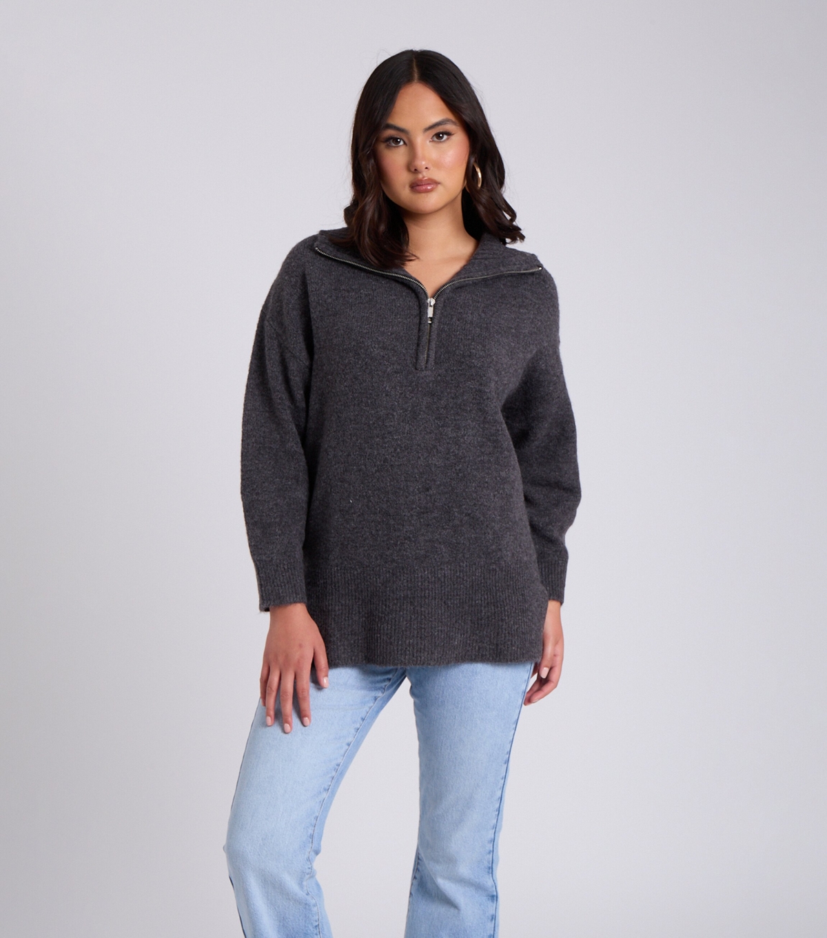 Women's Dark Grey Knit Zip Neck Oversized Sweatshirt Urban Bliss New Look