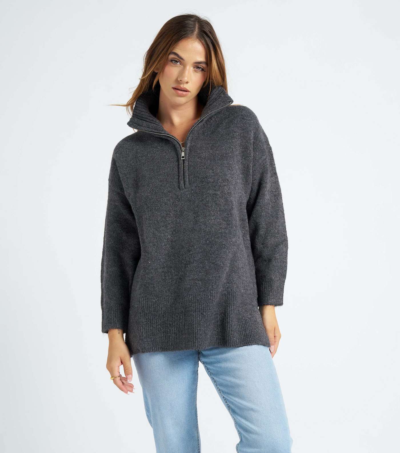 Urban Bliss Dark Grey Knit Zip Neck Oversized Sweatshirt