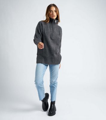 Urban Bliss Dark Grey Knit Zip Neck Oversized Sweatshirt New Look