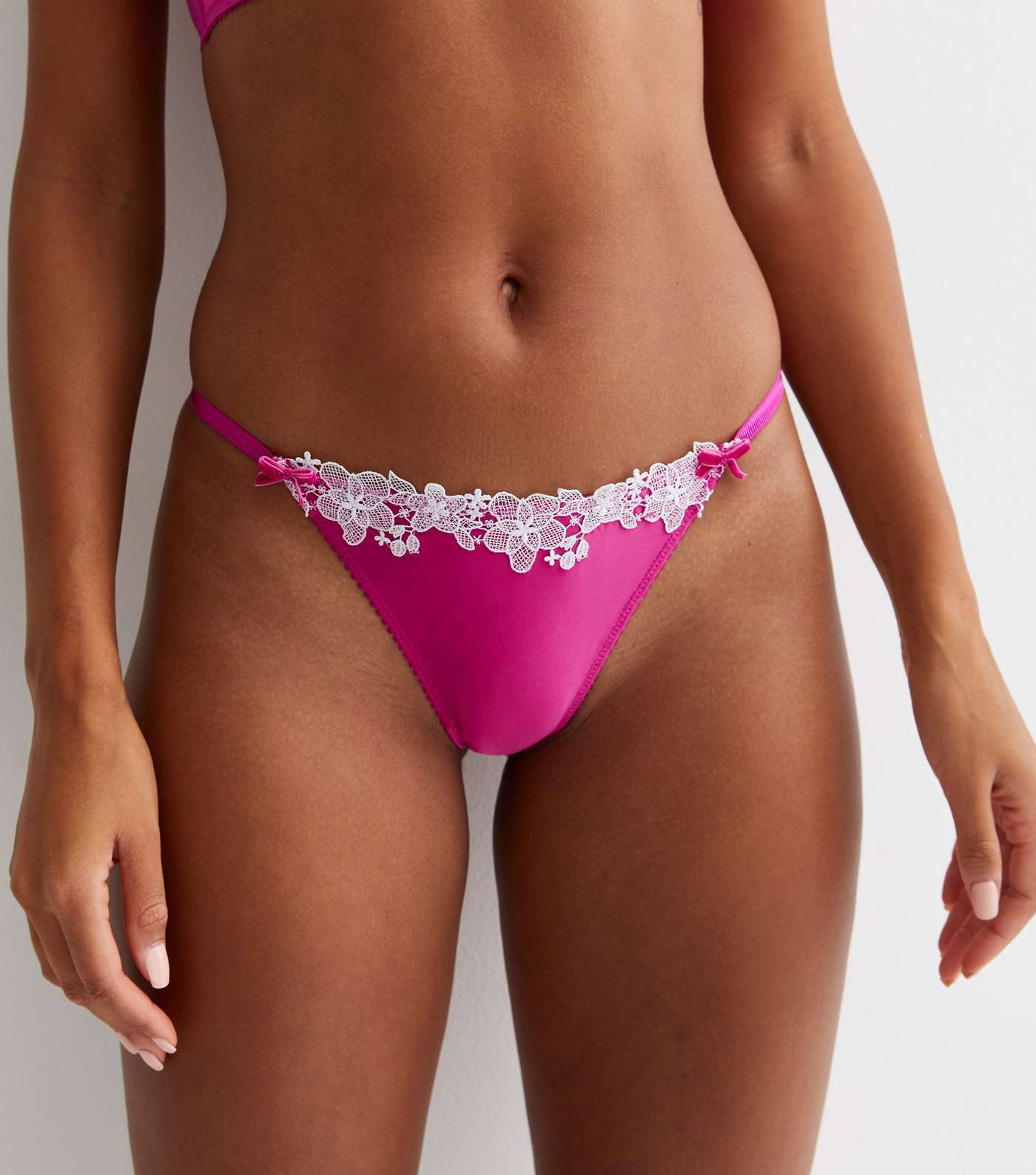 Bright Pink Satin Embroidered Trim Thong Image 2
