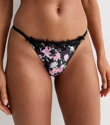 Black Floral Print Satin Lace Trim Thong