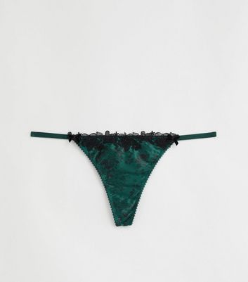 Green Floral Print Satin Lace Trim Thong New Look