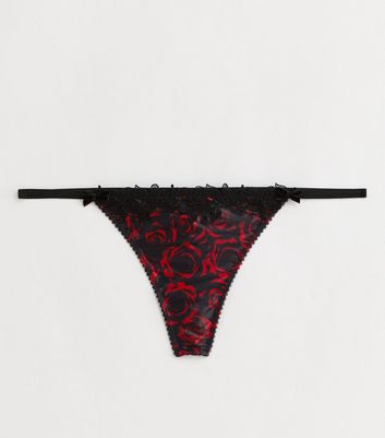 Red Floral Print Satin Embroidered Trim Thong New Look