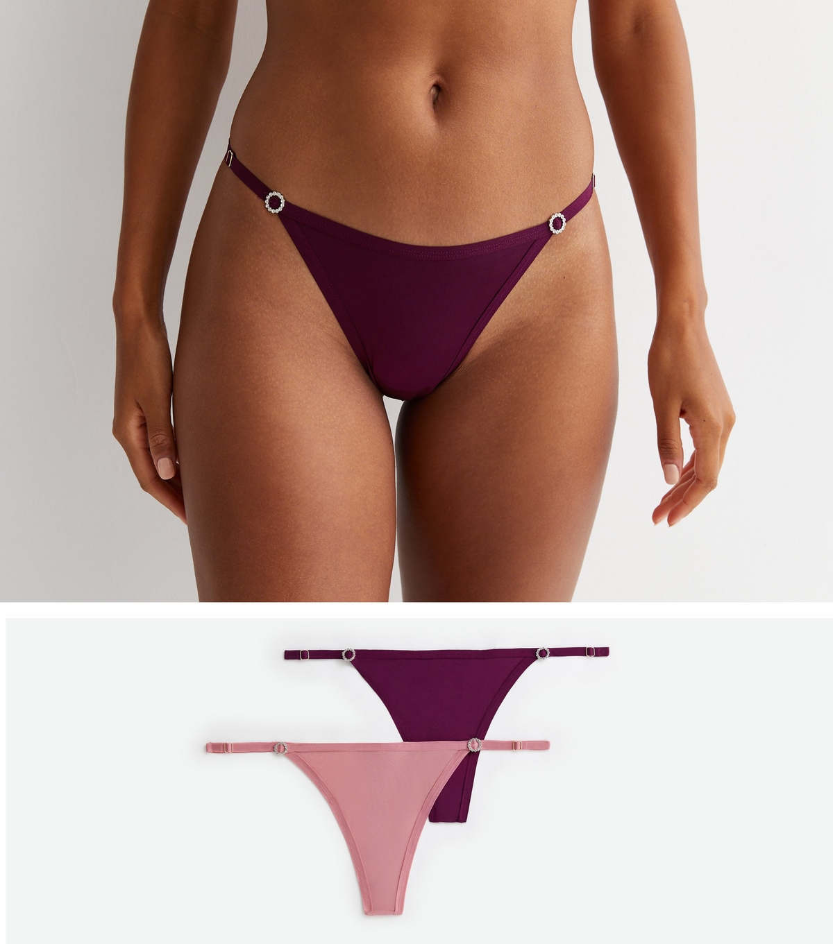 Women's 2 Pack Pink and Purple Diamanté Side Adjustable Thongs New Look