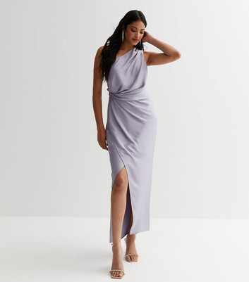 Pale Grey Satin One Shoulder Ruched Maxi Dress