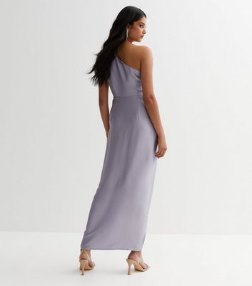 Pale Grey Satin One Shoulder Ruched Maxi Dress New Look