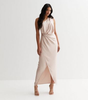 Pale Pink Satin One Shoulder Ruched Maxi Dress New Look