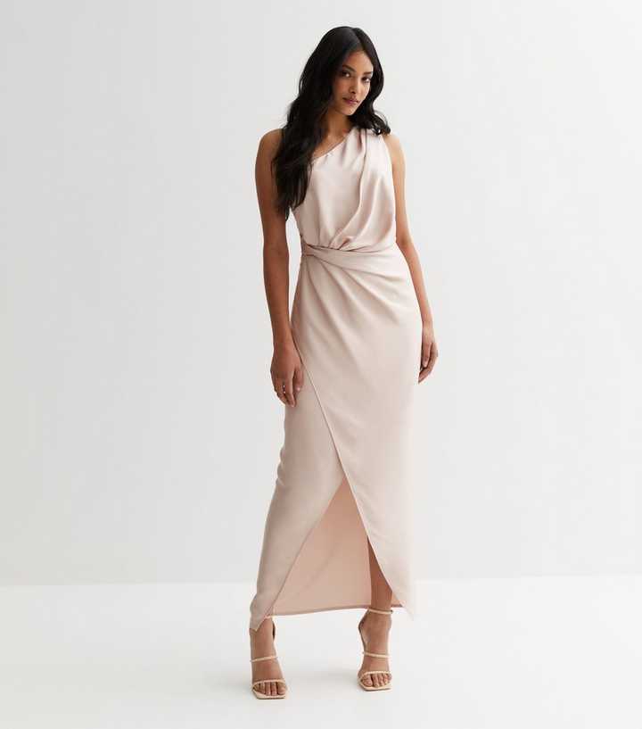Pale Pink Satin One Shoulder Ruched Maxi Dress