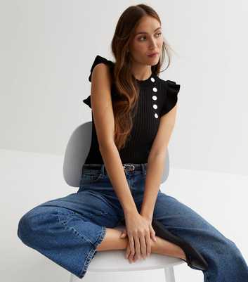 Cameo Rose Black Ribbed Knit Button Frill Top