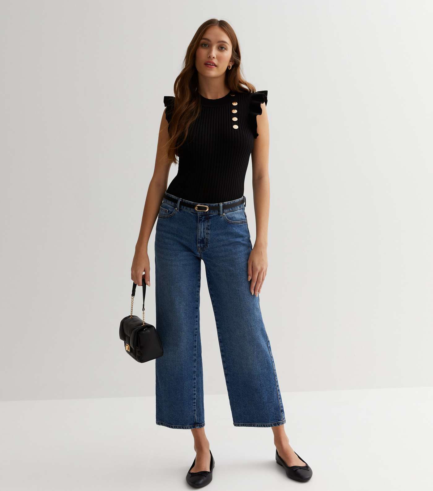 Cameo Rose Black Ribbed Knit Button Frill Top Image 2