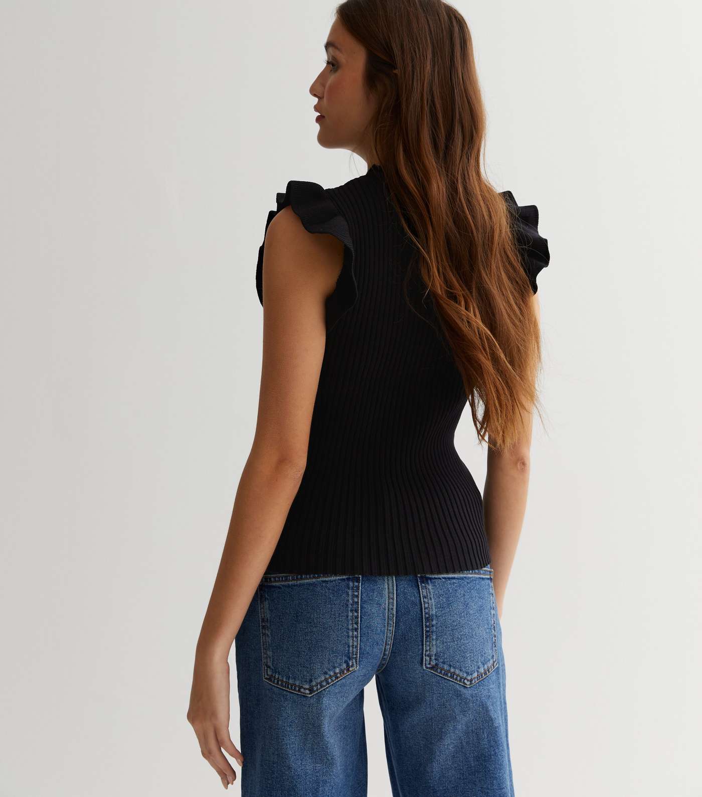 Cameo Rose Black Ribbed Knit Button Frill Top Image 4