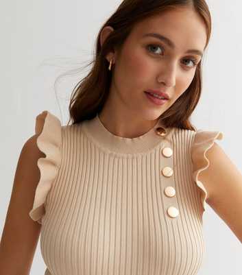 Cameo Rose Stone Ribbed Knit Button Frill Top