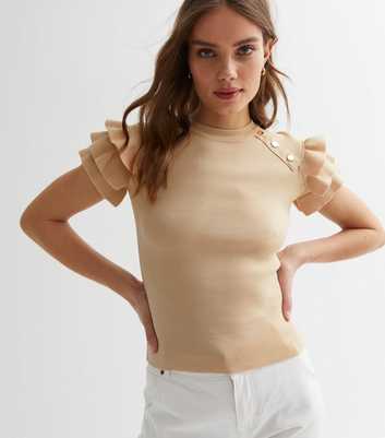 Cameo Rose Stone Knit Frill Sleeve Button Short Sleeve Top