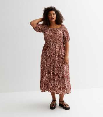 Curves Brown Zebra Print Puff Sleeve Midi Dress
