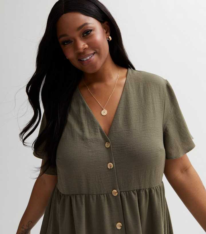 Curves Khaki Button Front Mini Dress