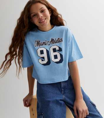 Girls Pale Blue Miami Drop Shoulder Boxy Logo T-Shirt