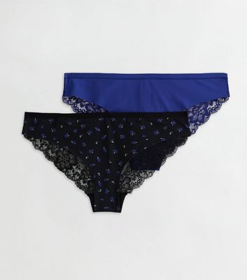 2 Pack Blue and Black Floral Lace Briefs New Look