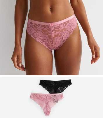 2 Pack Black and Pink Floral Lace Thongs
