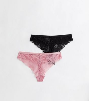 2 Pack Black and Pink Floral Lace Thongs New Look