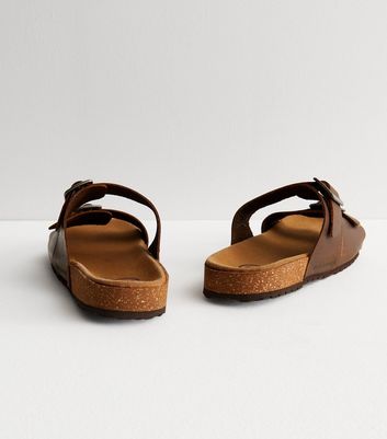 Jack & Jones Dark Brown Leather Buckle Sliders | New Look