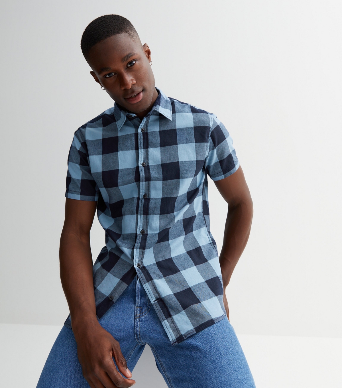 Men's Blue Gingham Twill Short Sleeve Shirt Jack & Jones New Look