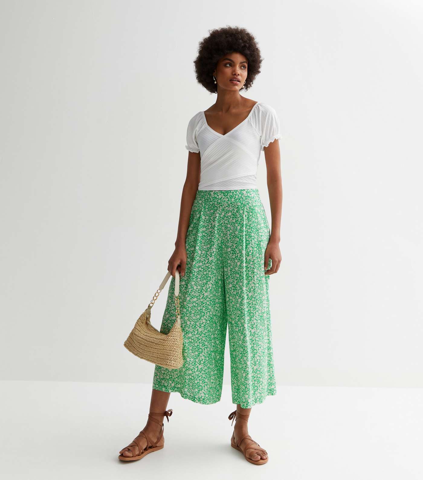 Green Ditsy Floral Wide Leg Crop Trousers