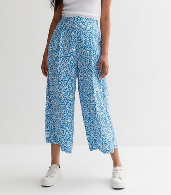 Buy Blue & Cream Floral Coord Wide Leg Crop Trousers 14R, Trousers