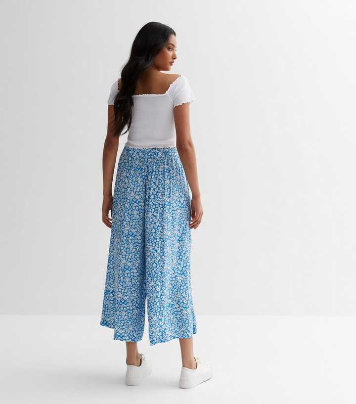 Blue Ditsy Floral Wide Leg Crop Trousers | New Look