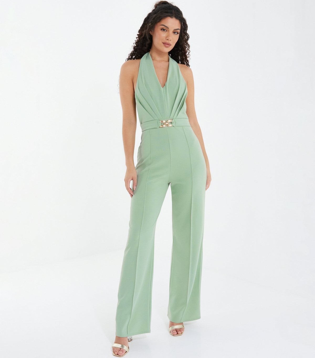 Women's Light Green Belted Halter Neck Wide Leg Jumpsuit Quiz New Look