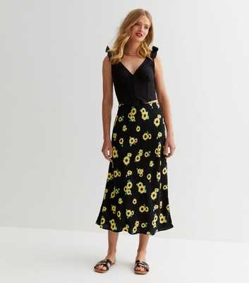 Black Floral Bias Cut Midi Skirt