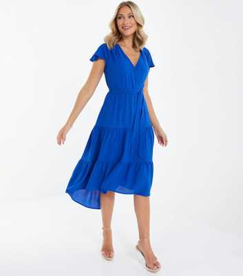 QUIZ Bright Blue Tiered Dip Hem Midi Wrap Dress