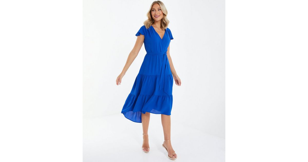 QUIZ Bright Blue Tiered Dip Hem Midi Wrap Dress New Look