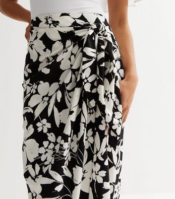 Black Floral Tie Side Midi Skirt New Look