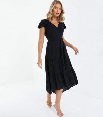 QUIZ Black Tiered Dip Hem Midi Wrap Dress