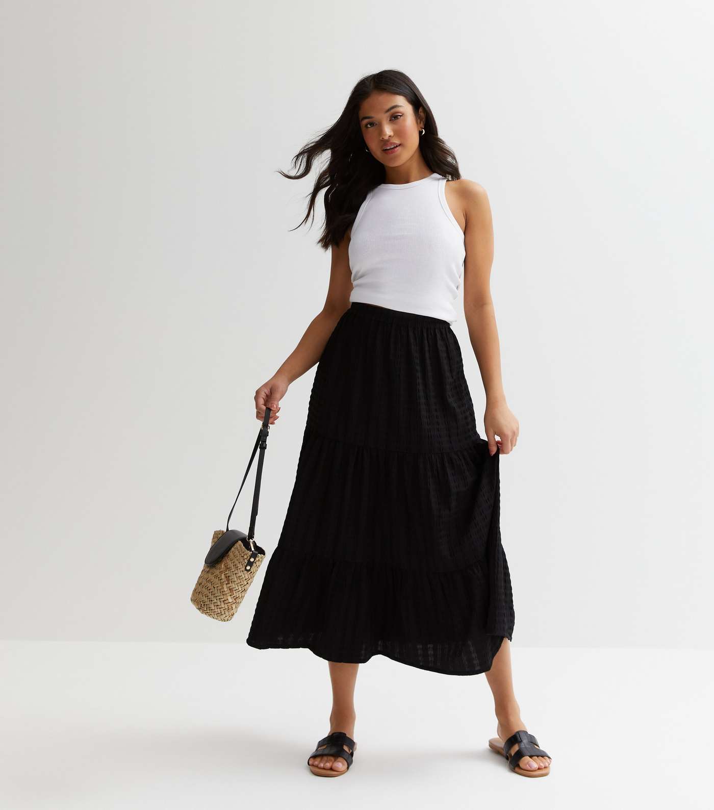 Petite Black Textured Tiered Midi Skirt