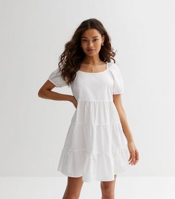 Petite White Tiered Smock Mini Dress New Look